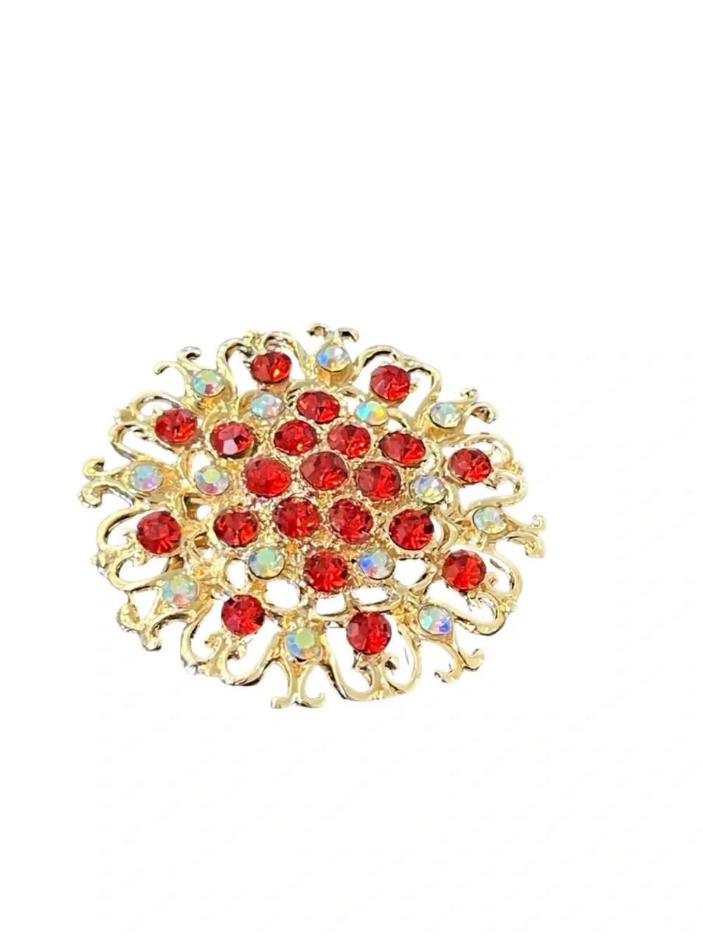 Gold-Tone Floral  Brooch with Red and Aurora Crystals FINAL PRICE DROP